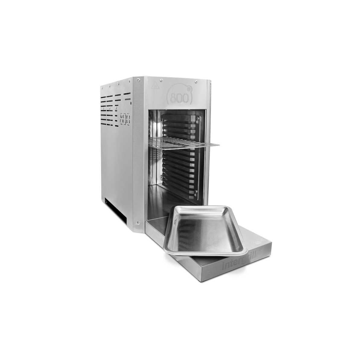 Grill i bruk med kjøtt på 800° ovnsgrill Pure rustfritt stål 3,5 kW