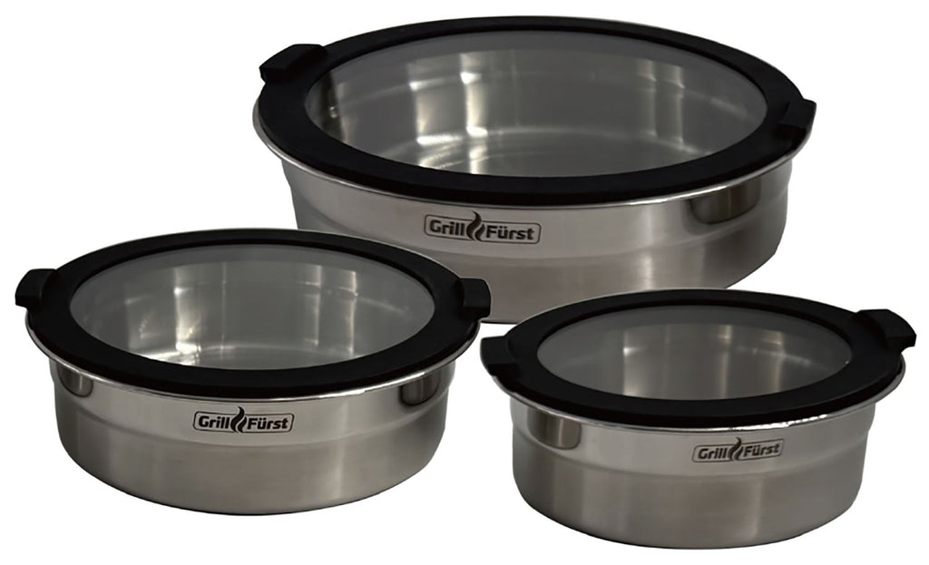 BBQ bollesett 3-delt rustfritt stål flat bunn glasslokk forfra