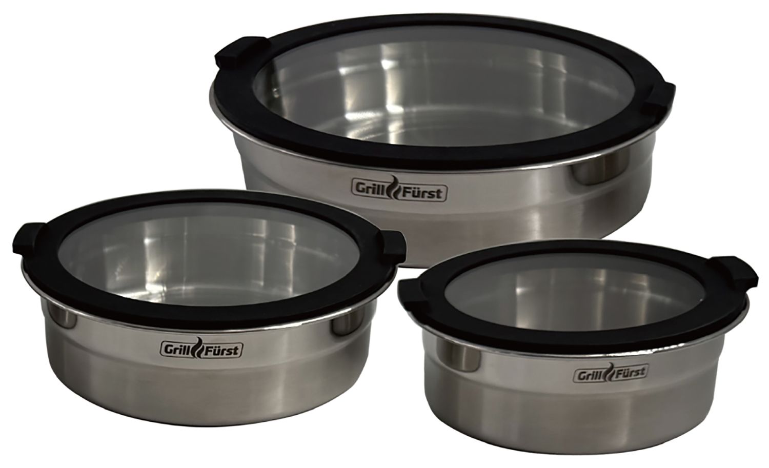 BBQ bollesett 3-delt rustfritt stål flat bunn glasslokk forfra