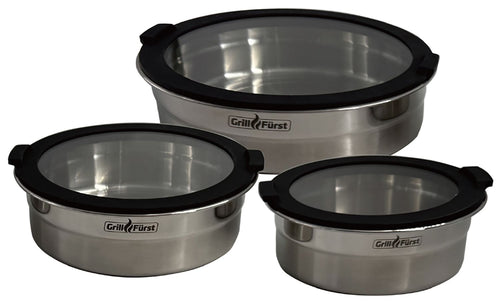 BBQ bollesett 3-delt rustfritt stål flat bunn glasslokk forfra