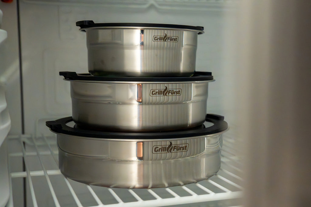 BBQ bollesett 3-delt rustfritt stål flat bunn glasslokk håndtak detalj