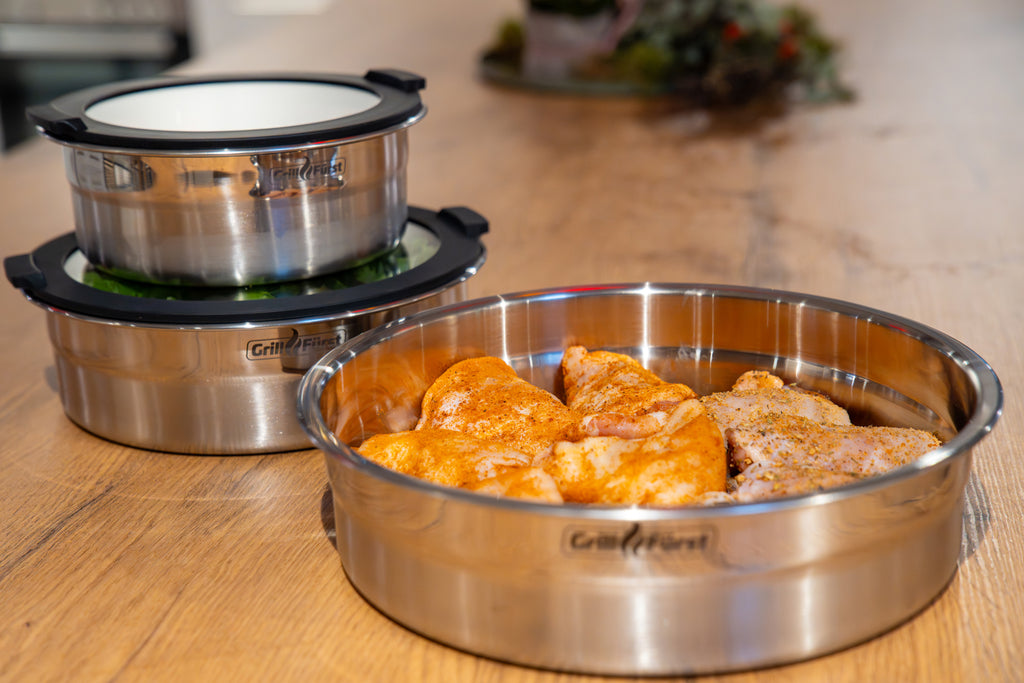 BBQ bollesett 3-delt rustfritt stål flat bunn glasslokk rengjøring i oppvaskmaskin