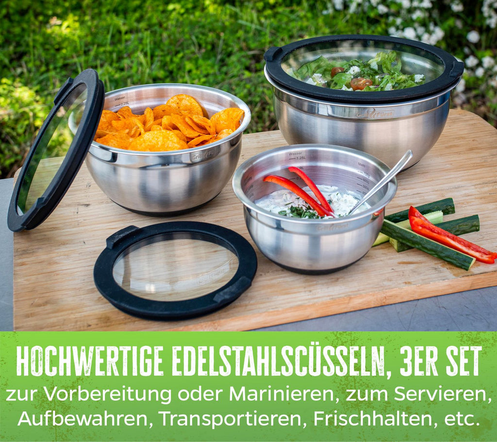 BBQ bollesett 3-delt rustfritt stål med glasslokk detalj av lokk