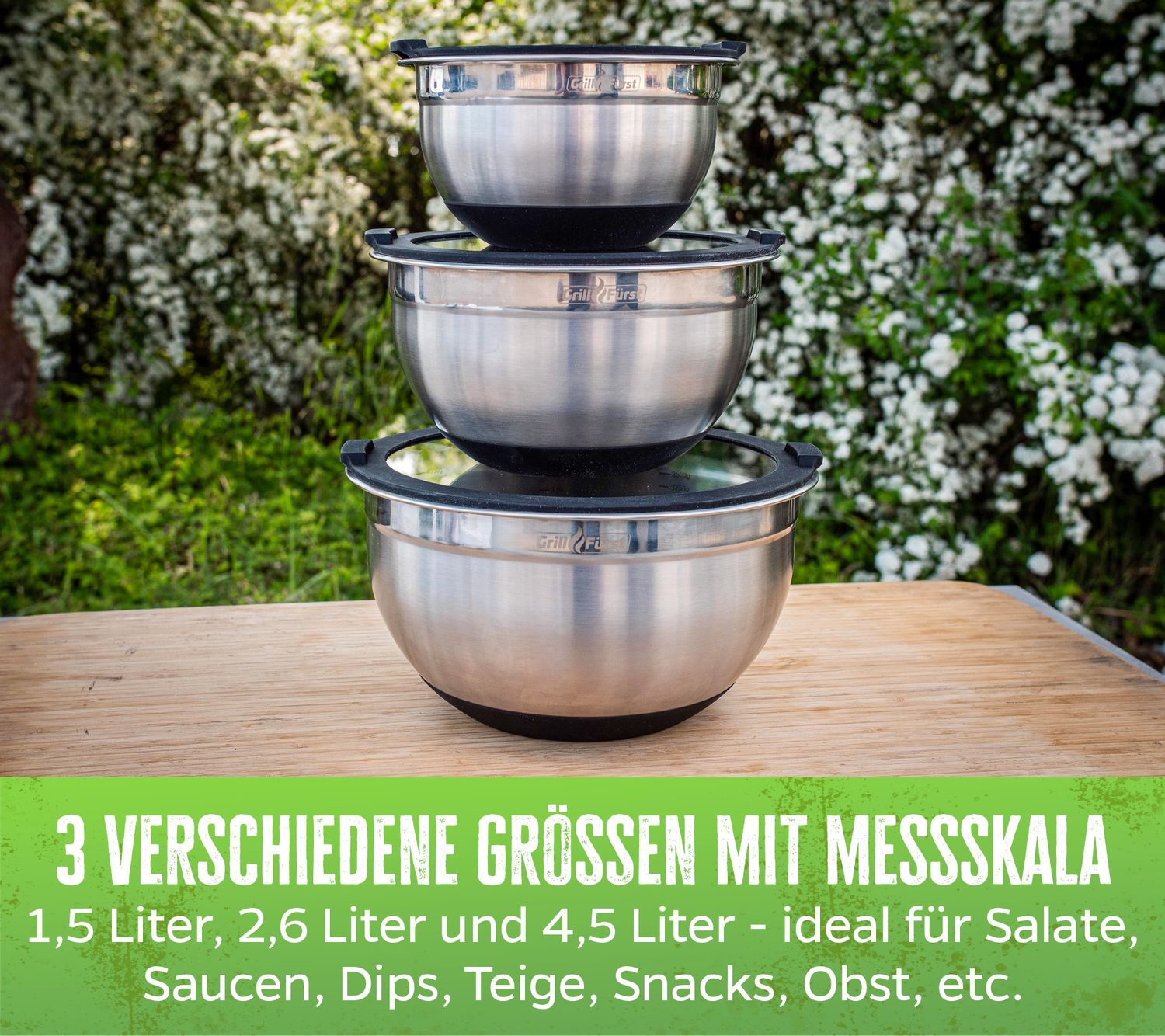 BBQ bollesett 3-delt rustfritt stål med glasslokk montert sett