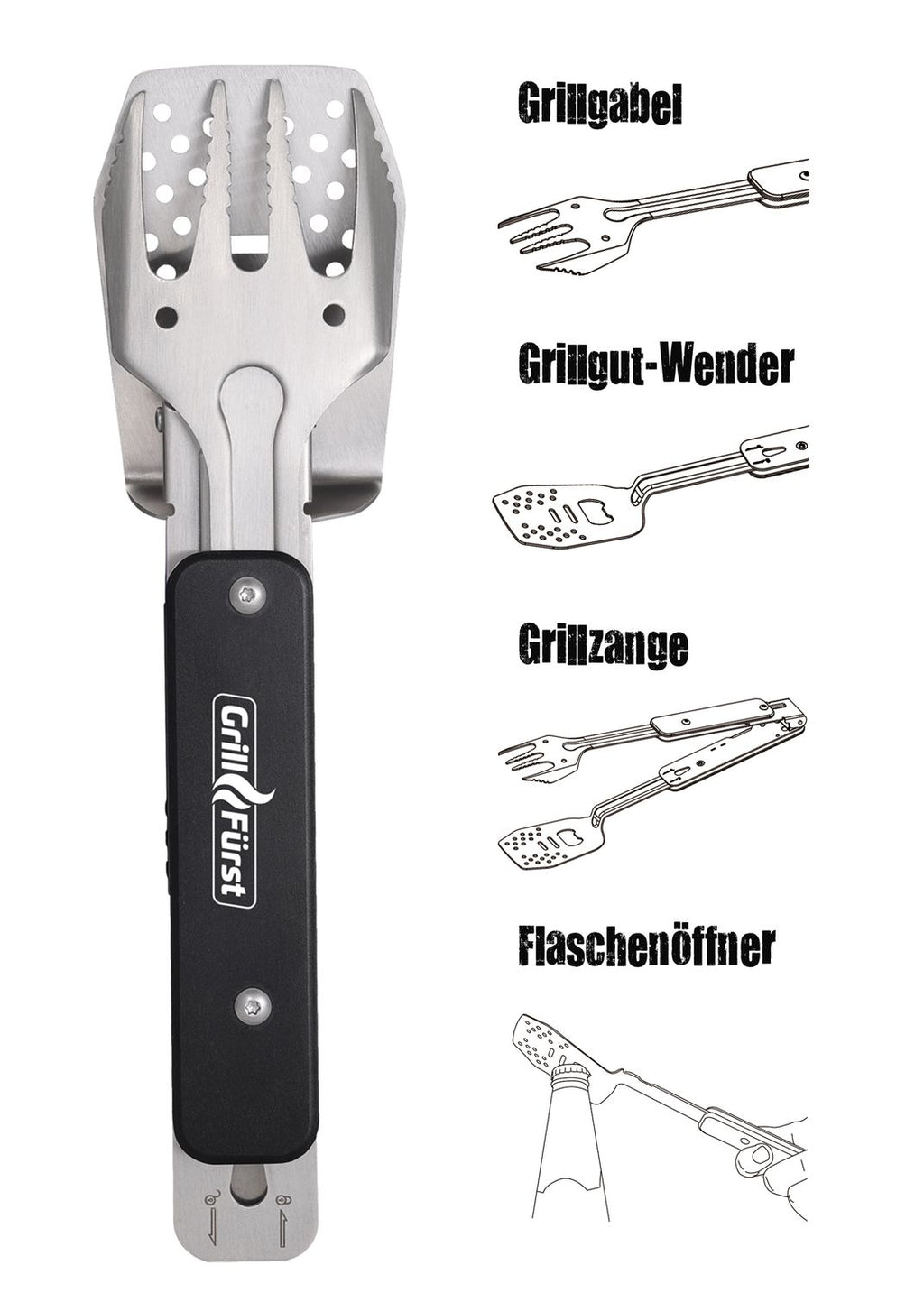 BBQ multitool 4-i-1 sammenleggbart grillverktøy Grillfürst i ryggsekk