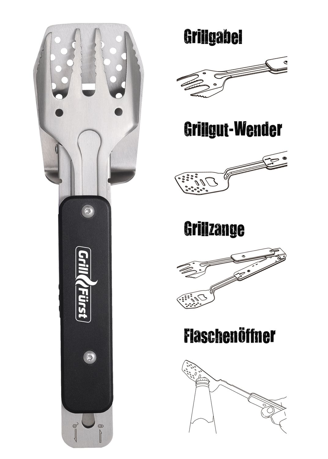 BBQ multitool 4-i-1 sammenleggbart grillverktøy Grillfürst i ryggsekk
