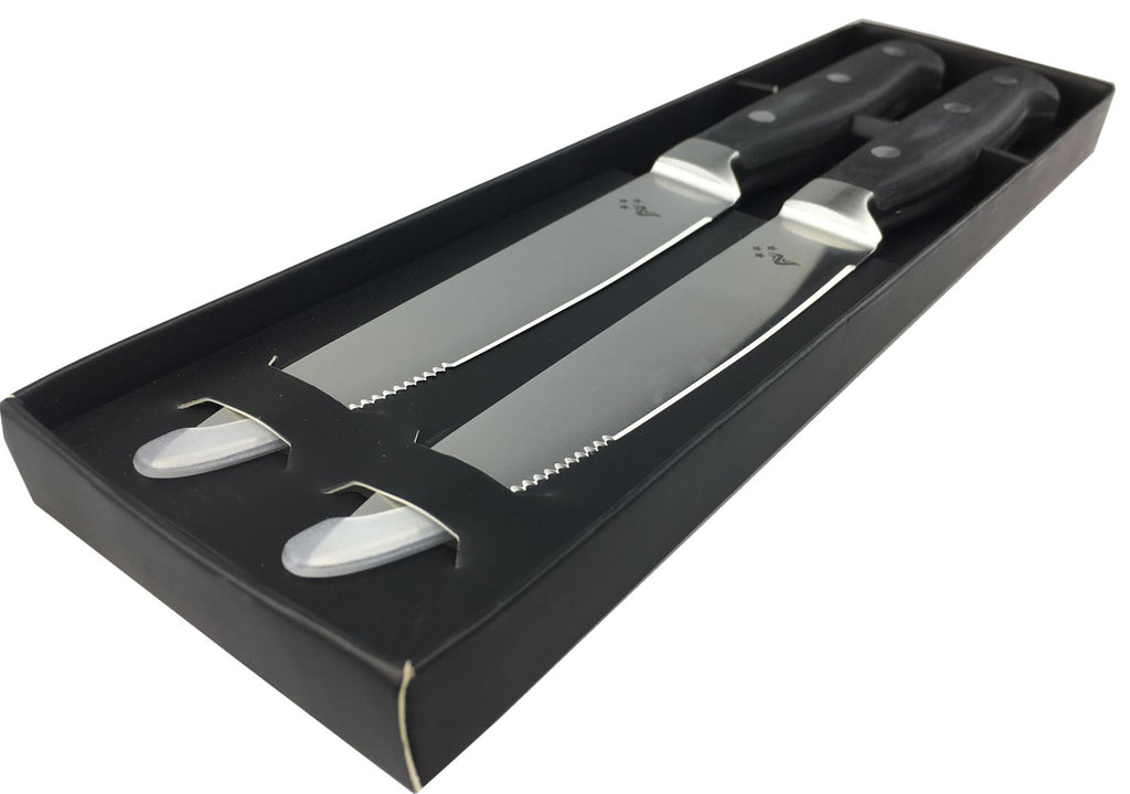 Biffkniver med bølgeslip 2-pack rustfritt stål Grillfürst detalj av emballasje