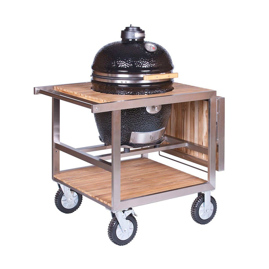 Nærbilde av hjul og teakoverflate på Buggy med hjul for Classic keramisk grill - Monolith