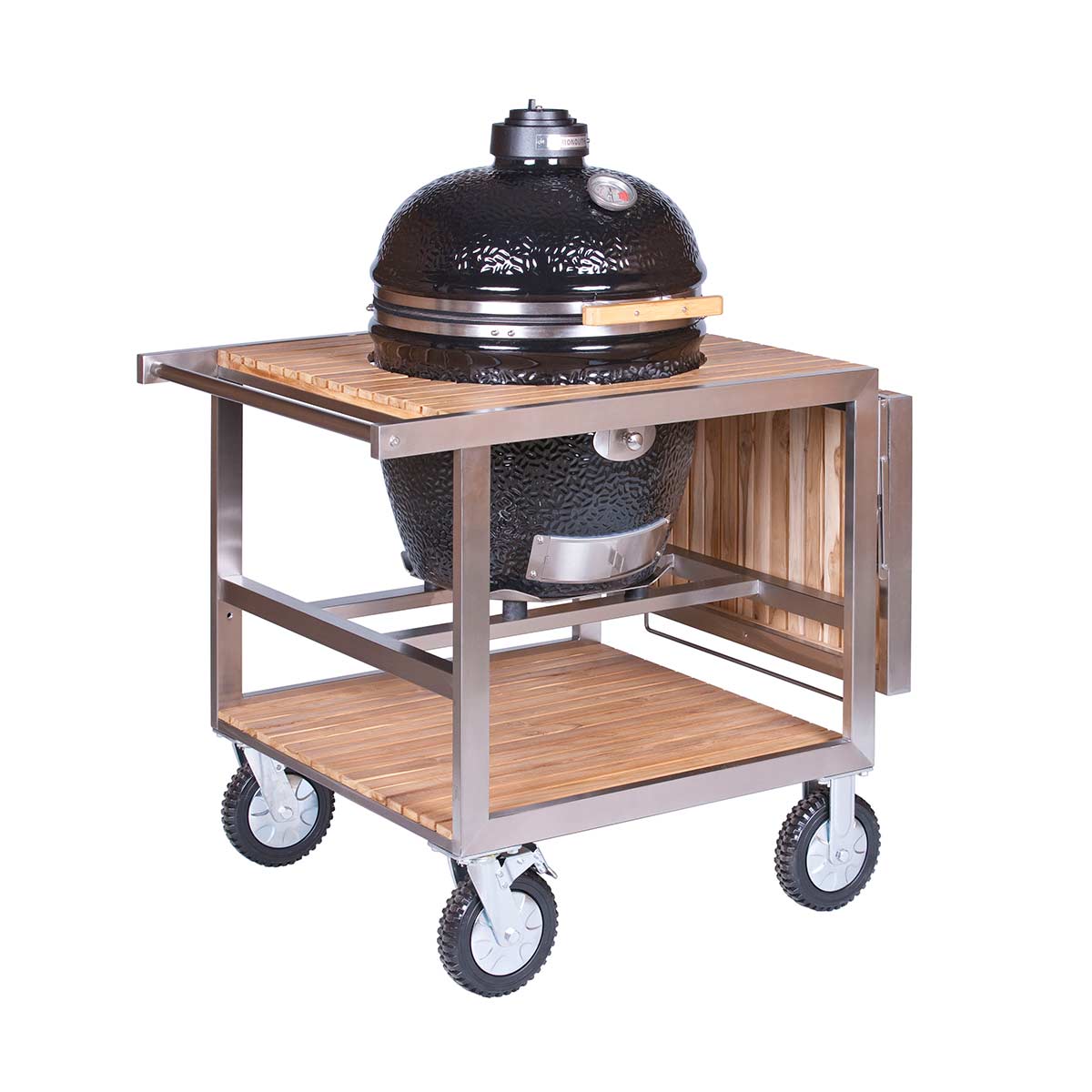 Nærbilde av hjul og teakoverflate på Buggy med hjul for Classic keramisk grill - Monolith