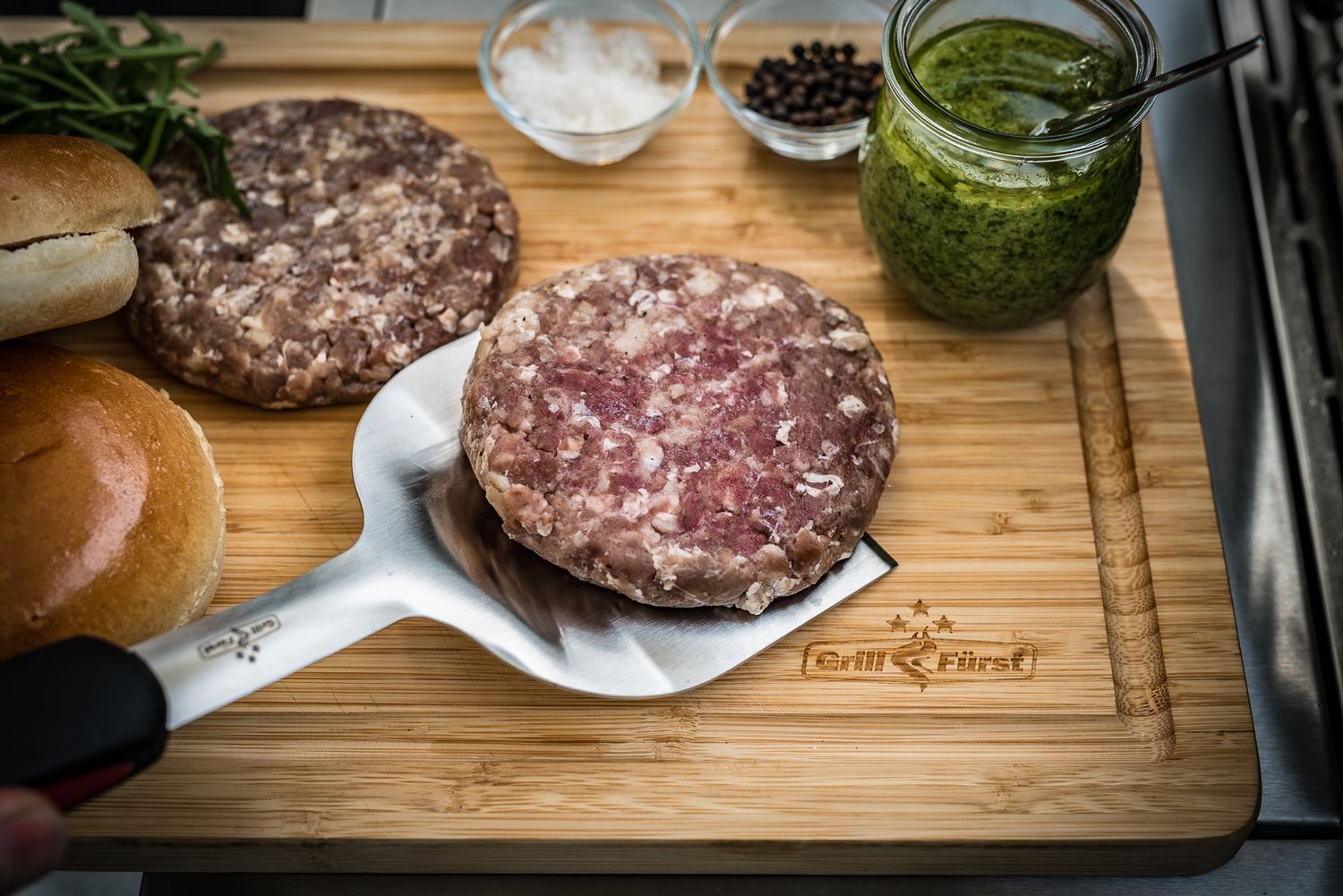 Montert Burgerspade 35 cm for plancha rustfritt stål