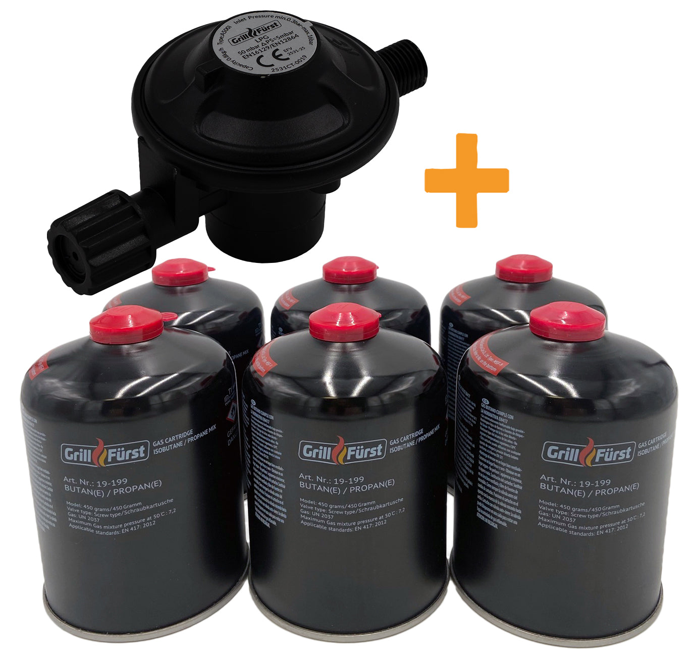 Camping-sett trykkregulator 50 mbar med 6 gasskartusjer forfra