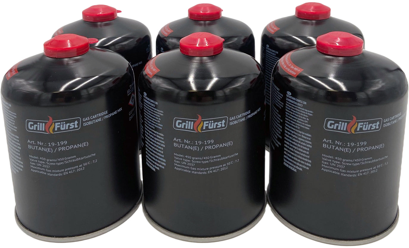 Camping-sett trykkregulator 50 mbar med 6 gasskartusjer gasskartusjer