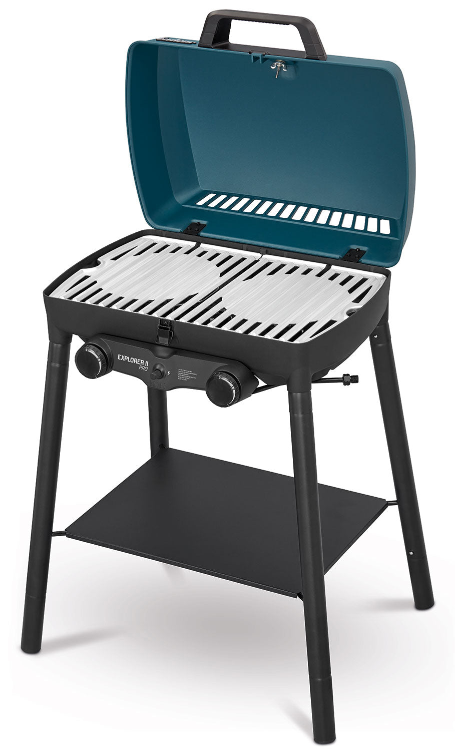 Campinggrill Explorer II Pro 2 brennere rustfritt stål montert på ben