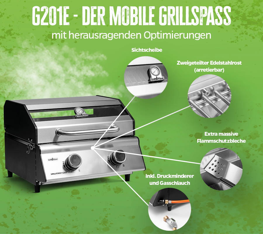 Campinggrill G201E 2 brennere med stativ og bæreveske detalj av rustfri grillrist
