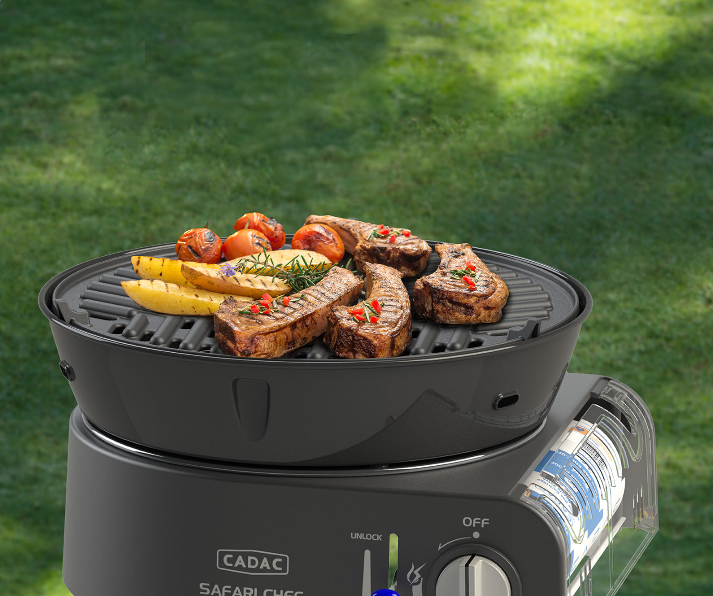 Campinggrill Safari Chef 30 Compact Deluxe gass 28 cm i bruk utendørs