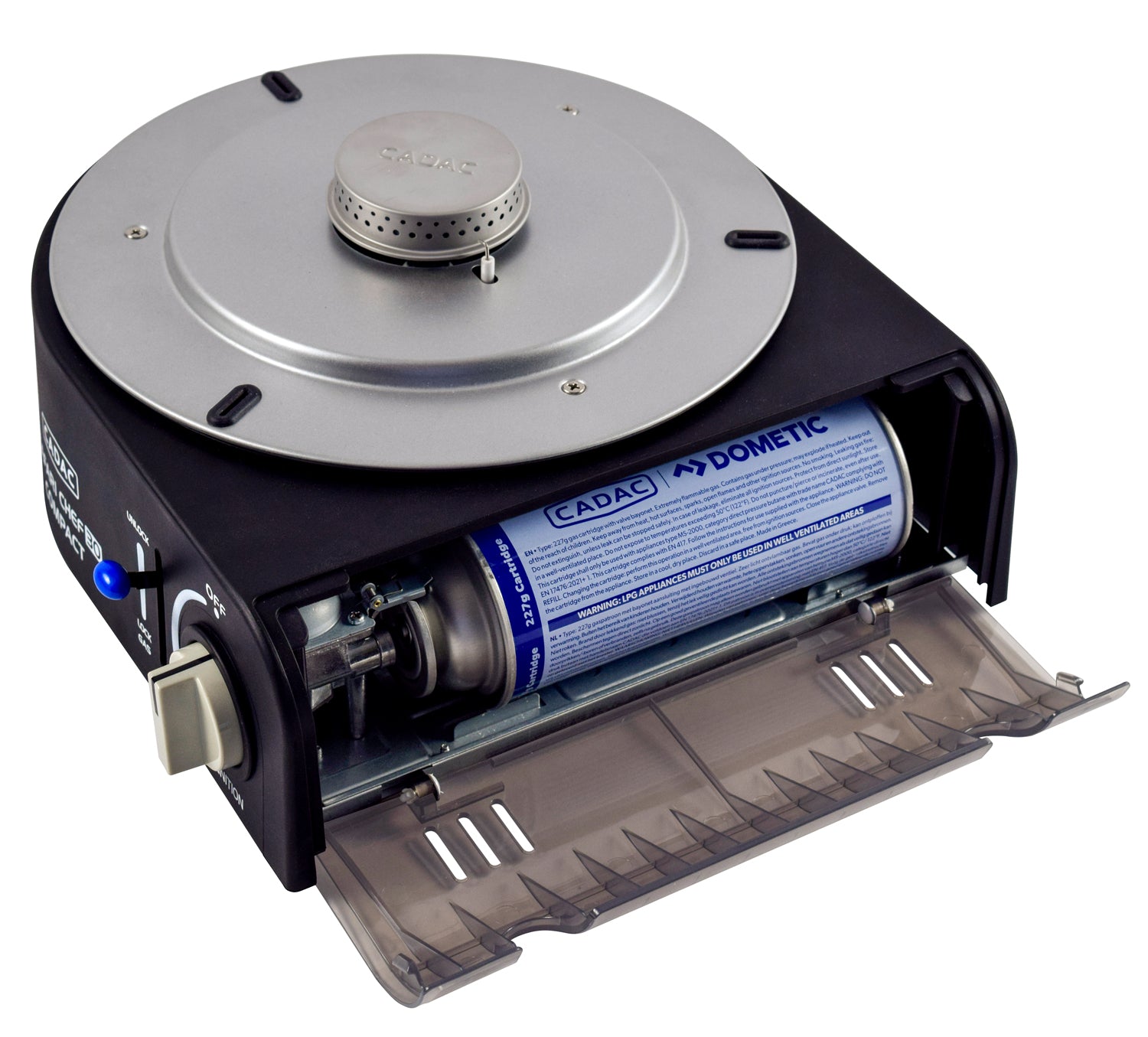 Nærbilde av piezo-tenning på Campinggrill Safari Chef 30 Compact Deluxe gass 28 cm