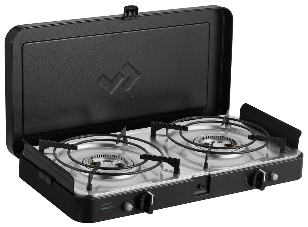 Campingkoker 2-Cook 3 Turbo FFD Deluxe 2 brennere 50 mbar med kaffekanneholder
