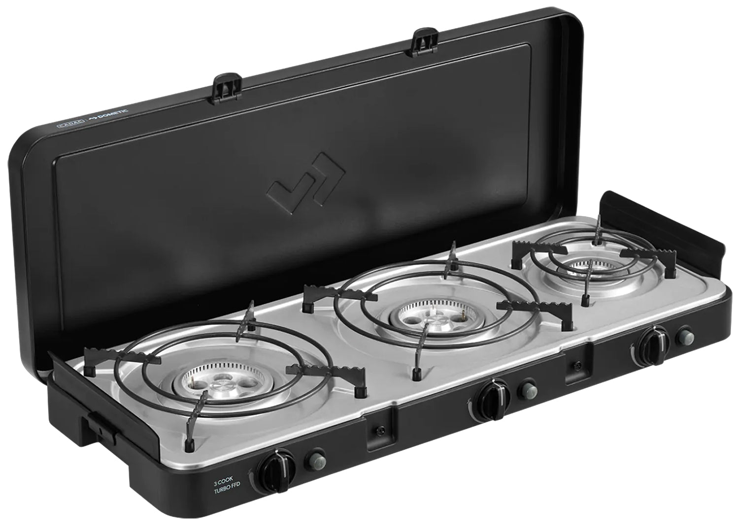 Campingkoker 3-Cook Turbo FFD Deluxe montert med gryter og panner