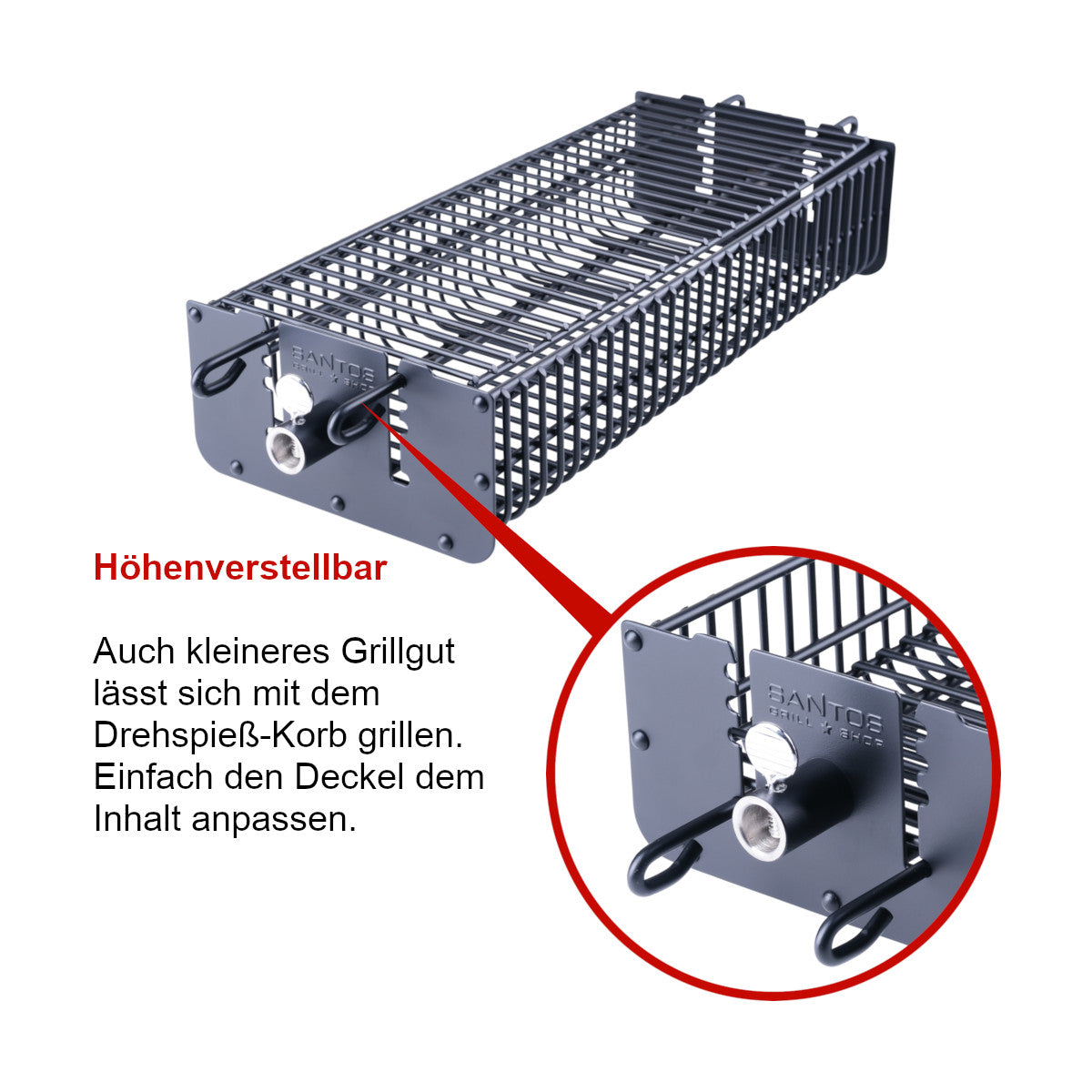 Dreiespidd-kurv sett for rotisserie grillkurv firkantet - SANTOS detalj av låsemekanisme
