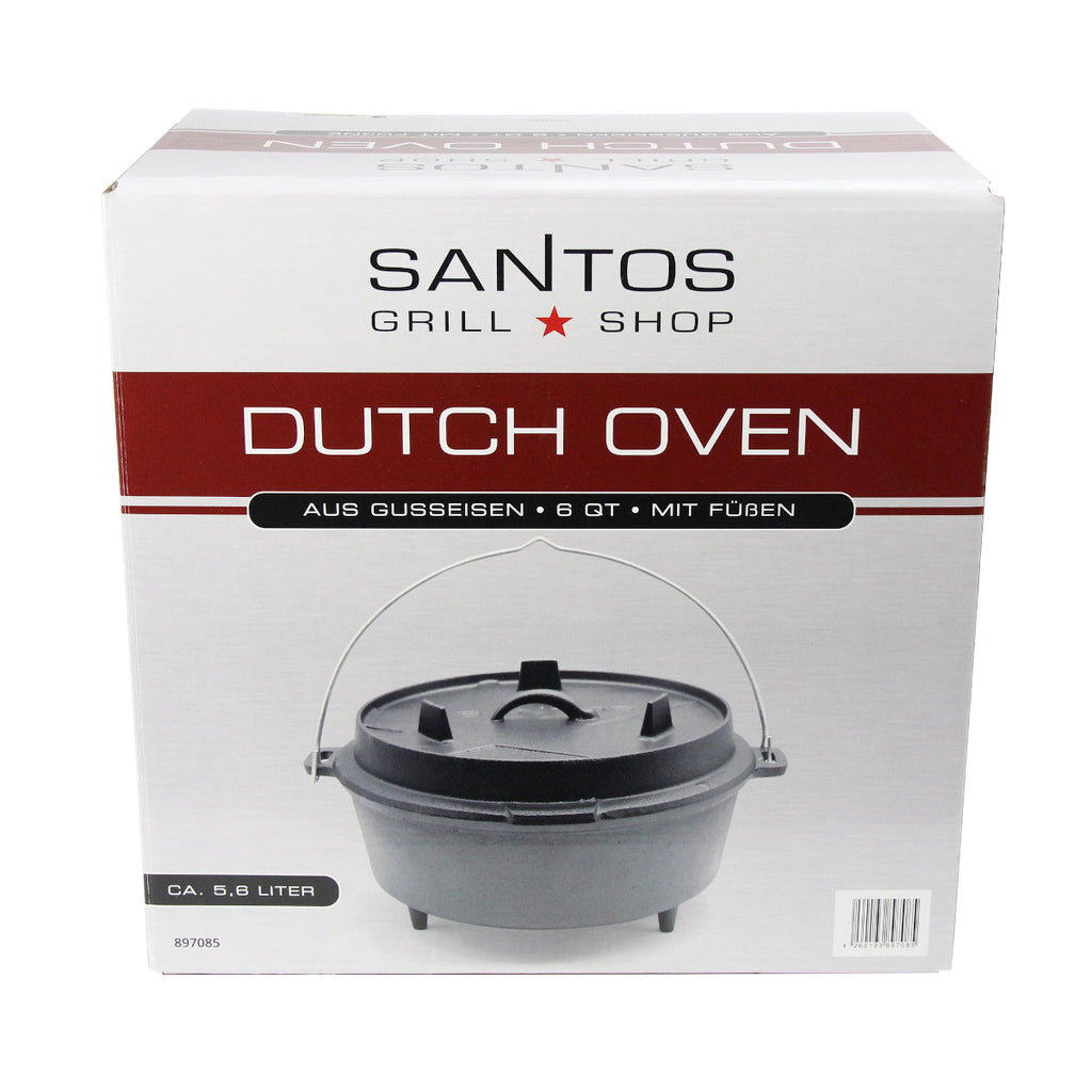 Nærbilde av støpejern på Dutch oven 6 qt med føtter støpejern SANTOS