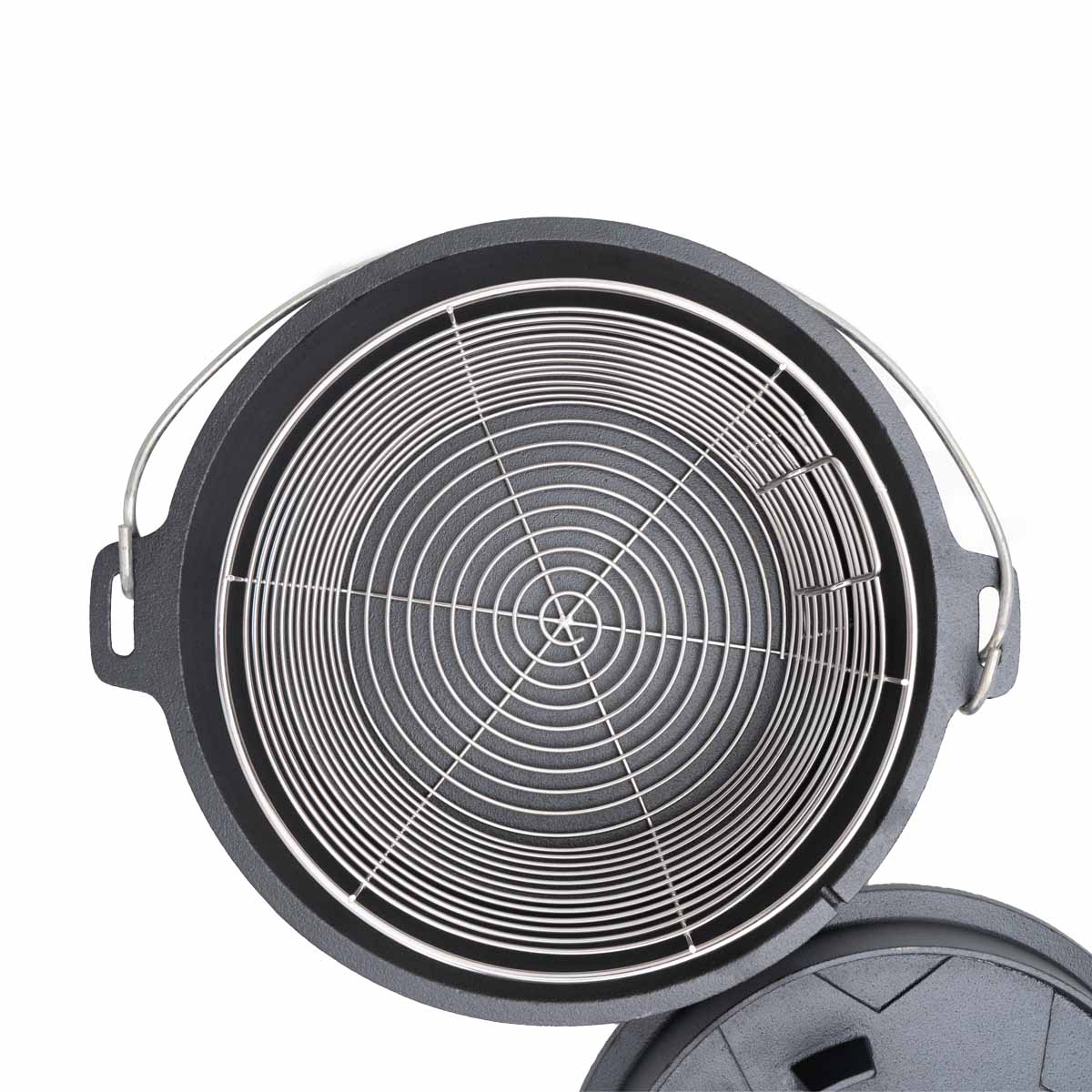 Dutch oven 9 qt uten føtter med friturkurv støpejern - SANTOS friturkurv i bruk