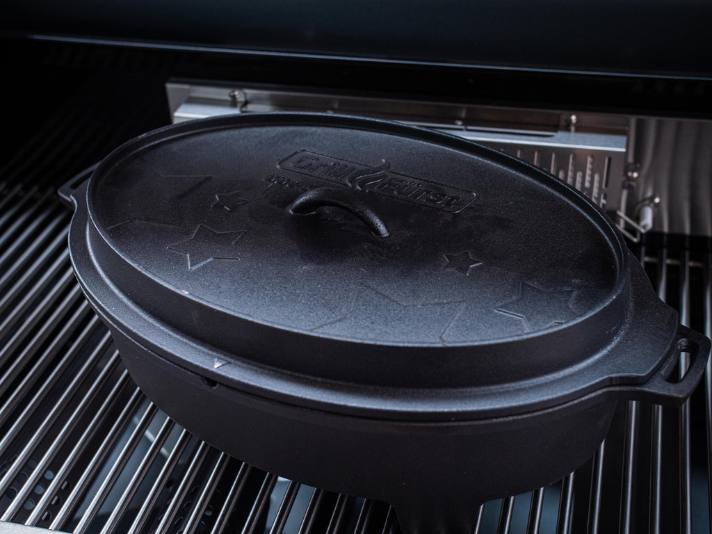 Dutch oven BBQ Edition DO 6,5 oval flat støpejern 6,4 l sett fra siden