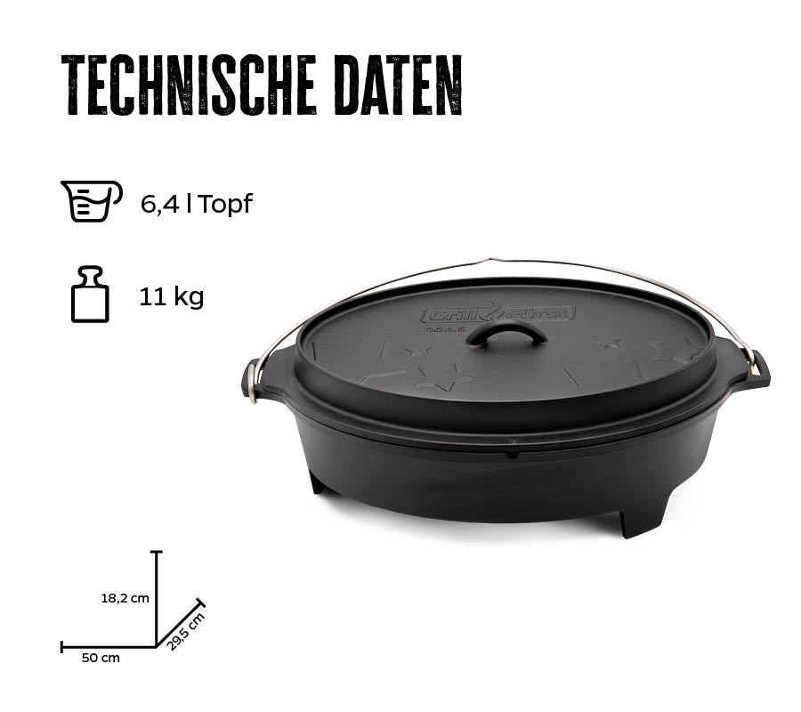 Dutch oven BBQ Edition DO 6,5 oval flat støpejern 6,4 l detalj av T-føtter