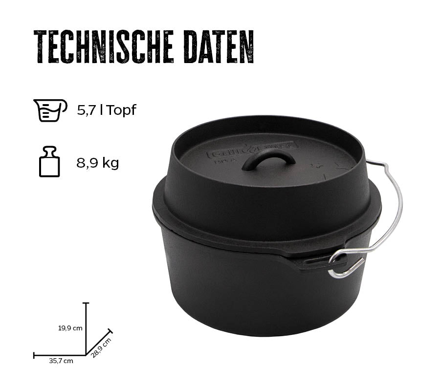 Dutch oven DO6 emaljert støpejern 5,7 l flat bunn detalj av lokk