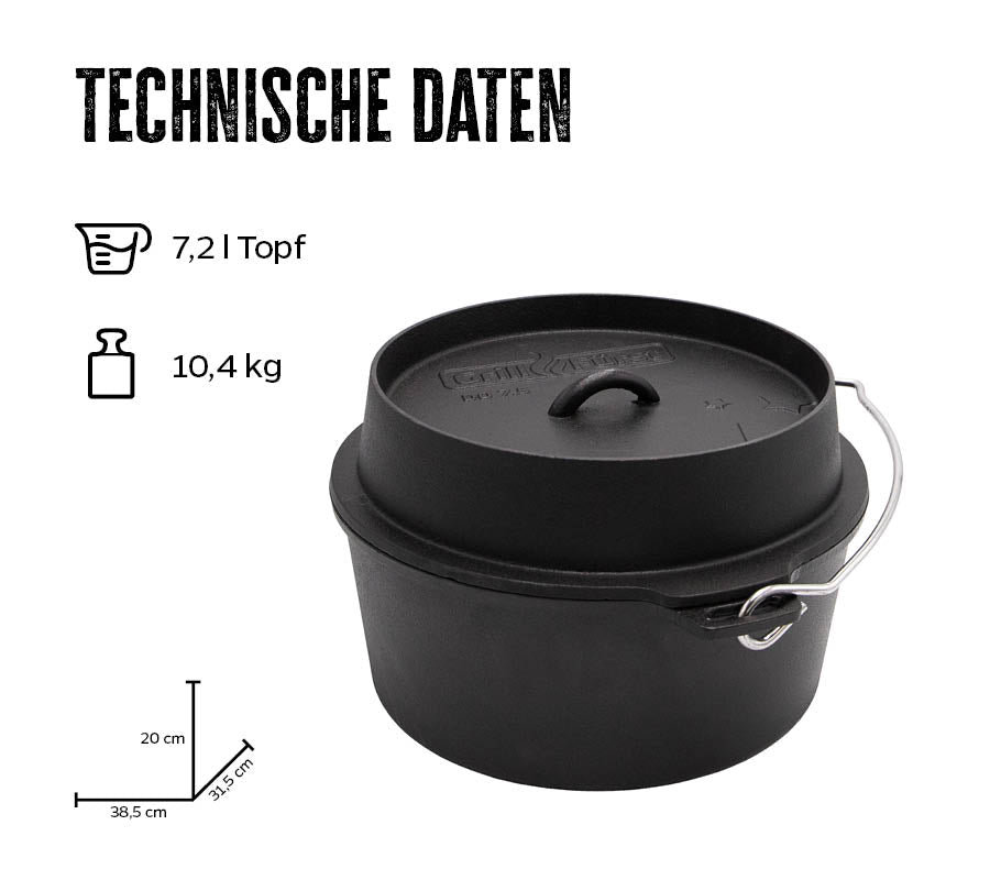 Dutch oven DO7,5 emaljert støpejern 7,2 l flat bunn detalj lokk