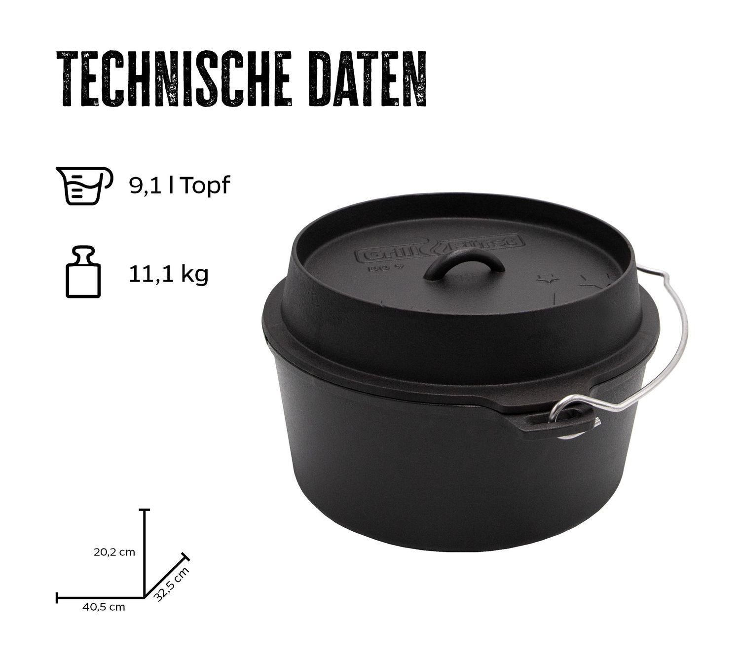 Dutch oven DO9 emaljert støpejern 9,1 l flat bunn detalj