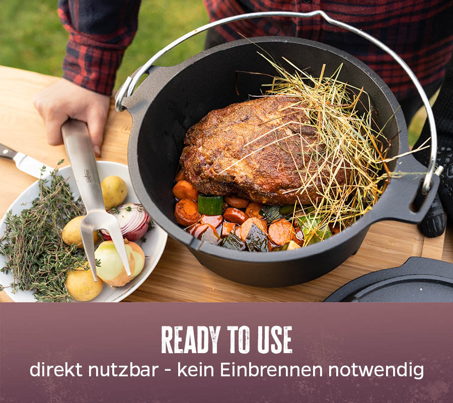 Dutch oven DO9 emaljert støpejern 9,1 l flat bunn sammen med grillredskap