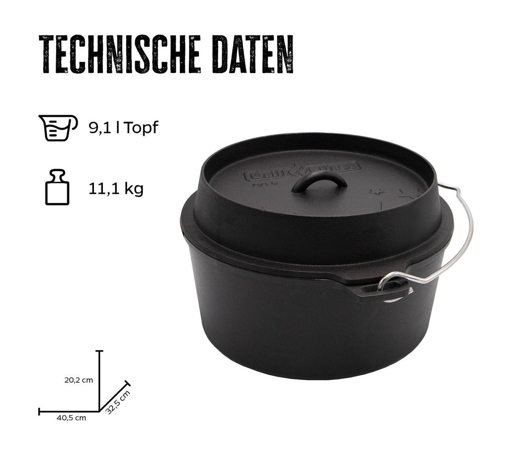 Dutch oven DO9 støpejern 9,1 l flat bunn 29,9 cm bakside