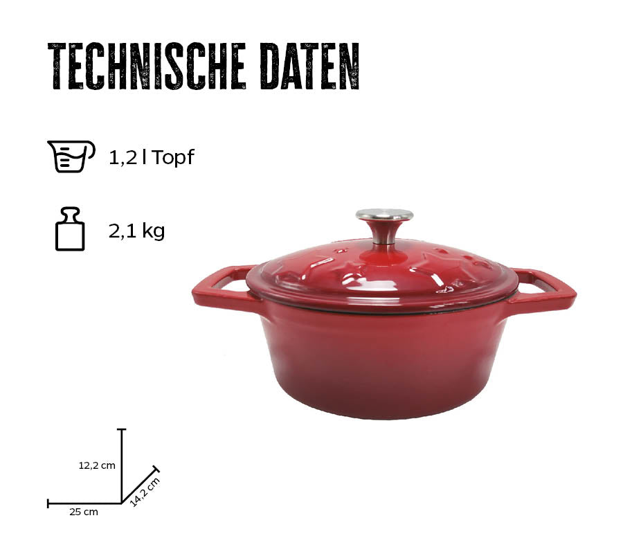 Dutch oven emaljert støpejern S 1,2 l rød - Grillfürst bakside