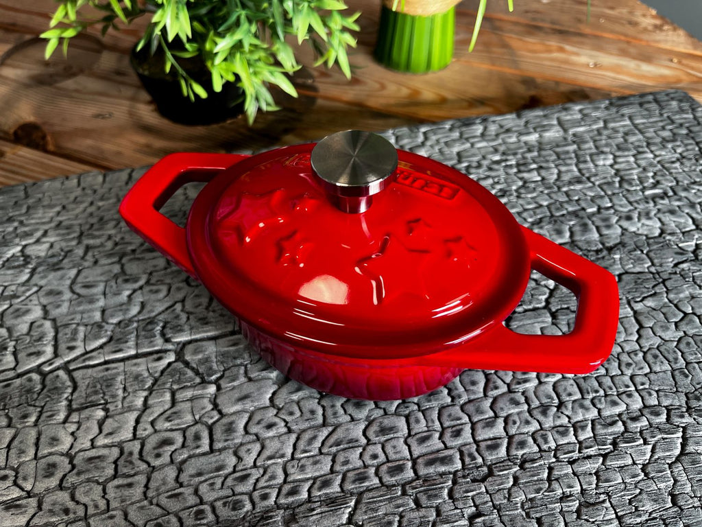 Dutch oven emaljert støpejern XS 0,35 l rød - Grillfürst med lokk åpent