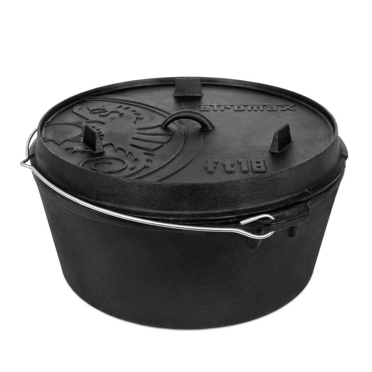 Dutch oven ft18 med flat bunn støpejern - Petromax lokk detalj