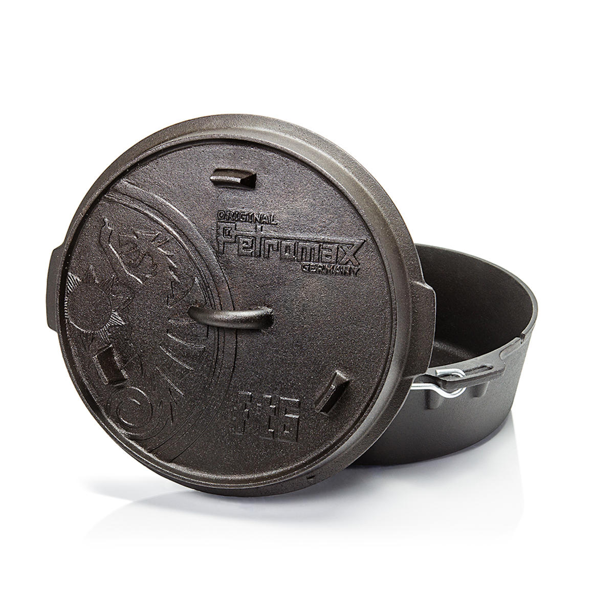 Detalj av Dutch oven ft6-t med flat bunn støpejern Petromax