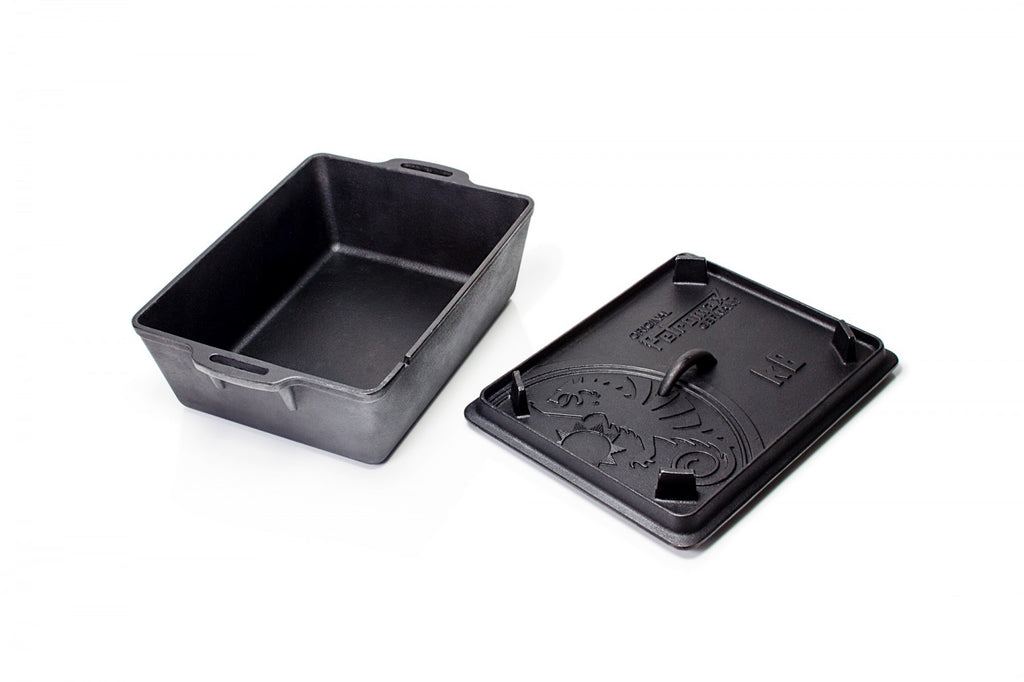 Dutch oven kasseform K8 støpejern med briketter på lokk