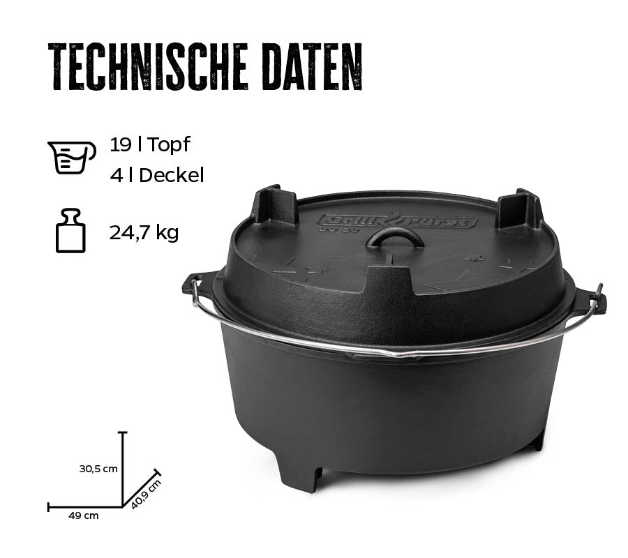 Dutch oven sett BBQ Edition DO20 med bæreveske støpejern detalj av lokk