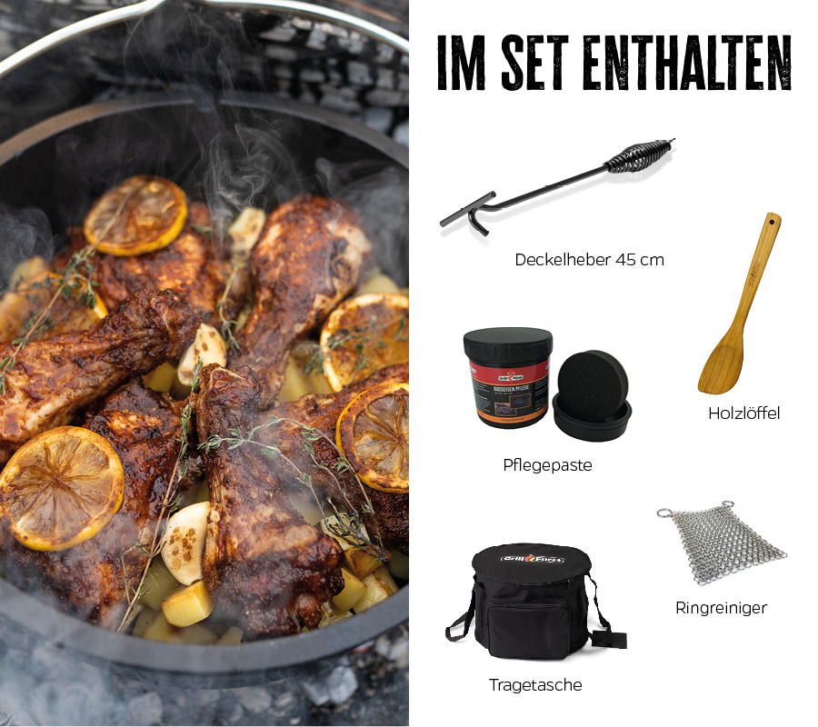 Dutch oven sett BBQ Edition DO20 med bæreveske støpejern montert på grill