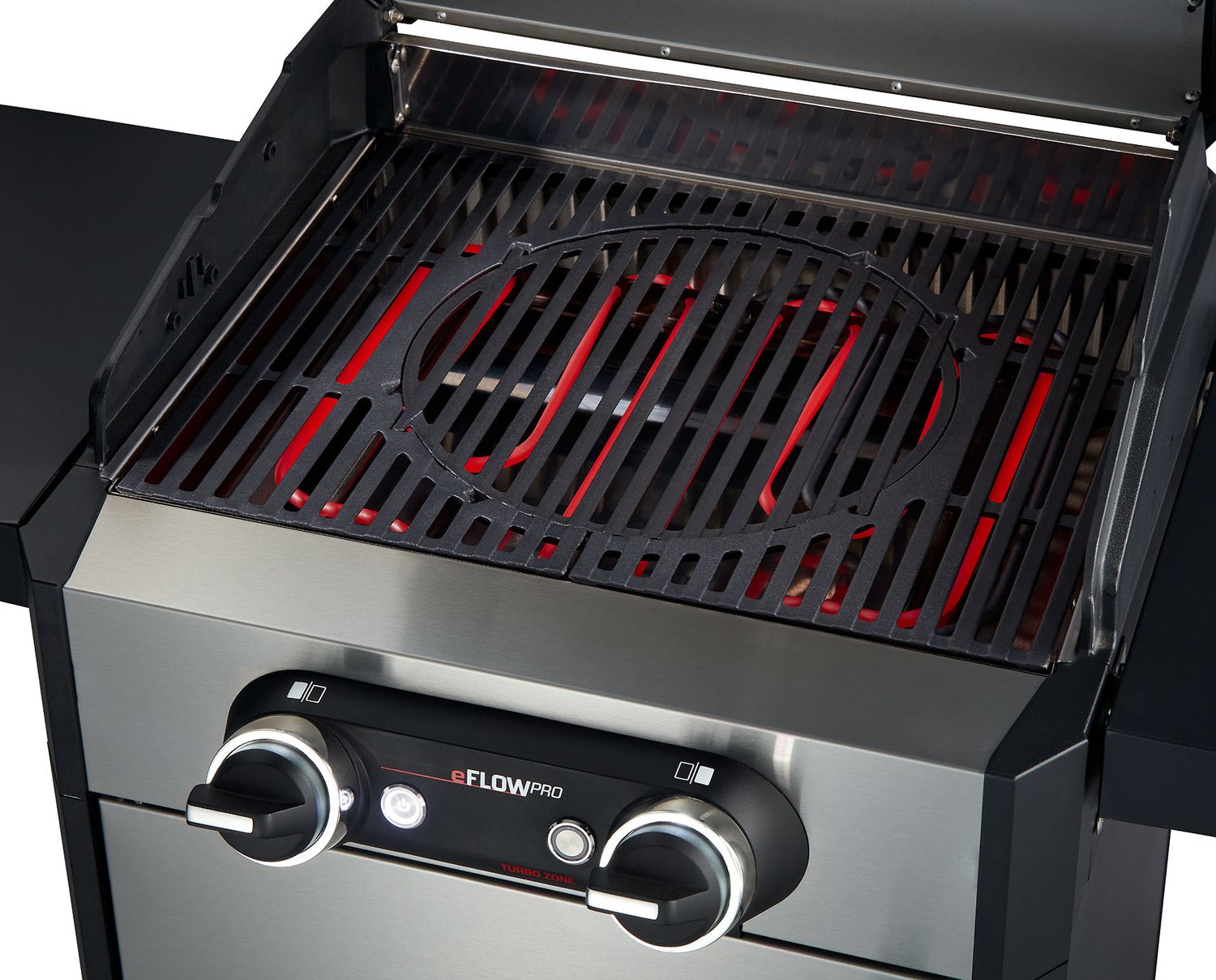 Nærbilde av kontrollpanel med LED-belysning på Elektrisk grill eFlow Pro 2 Turbo rustfritt stål støpejernsrist
