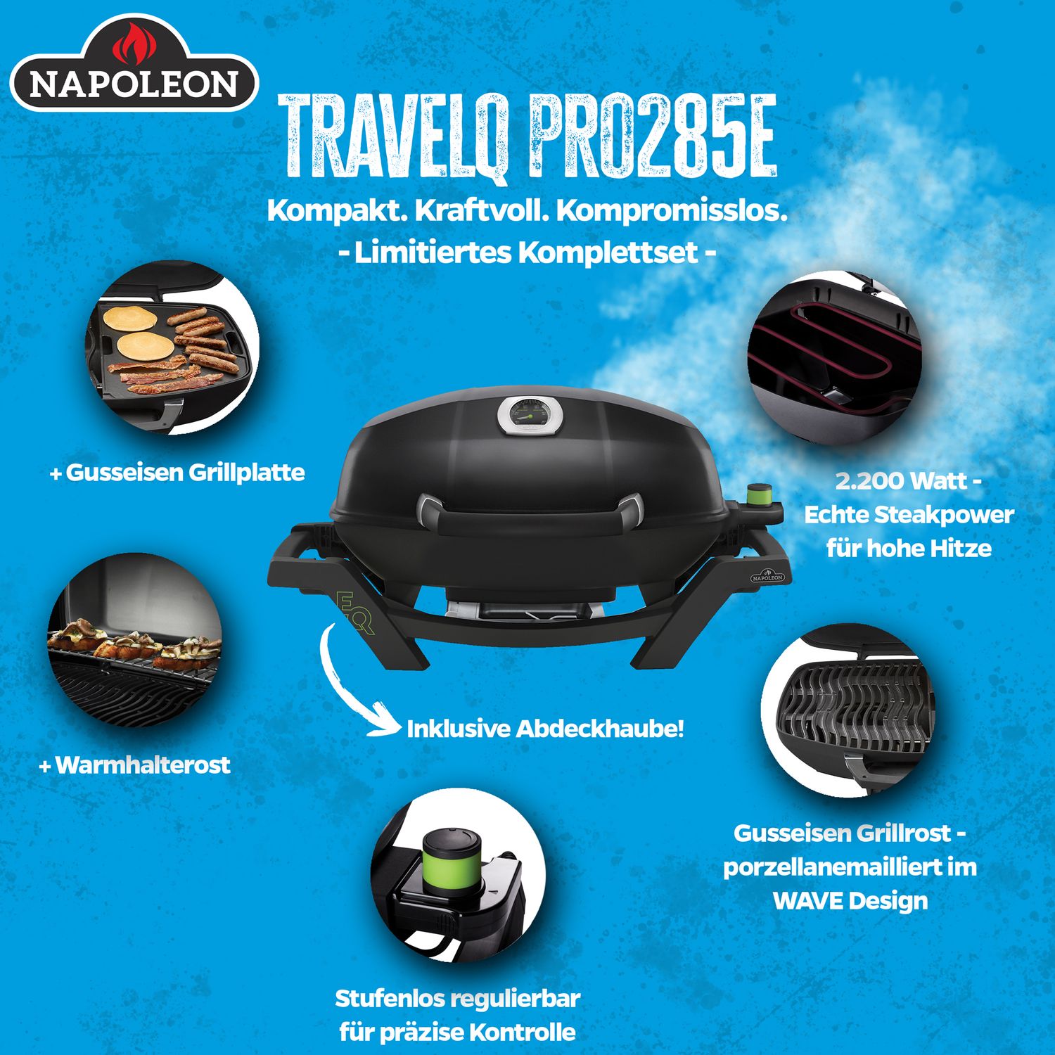 Elektrisk grill TravelQ PRO285E sett med grillplate og varmerist - bakside