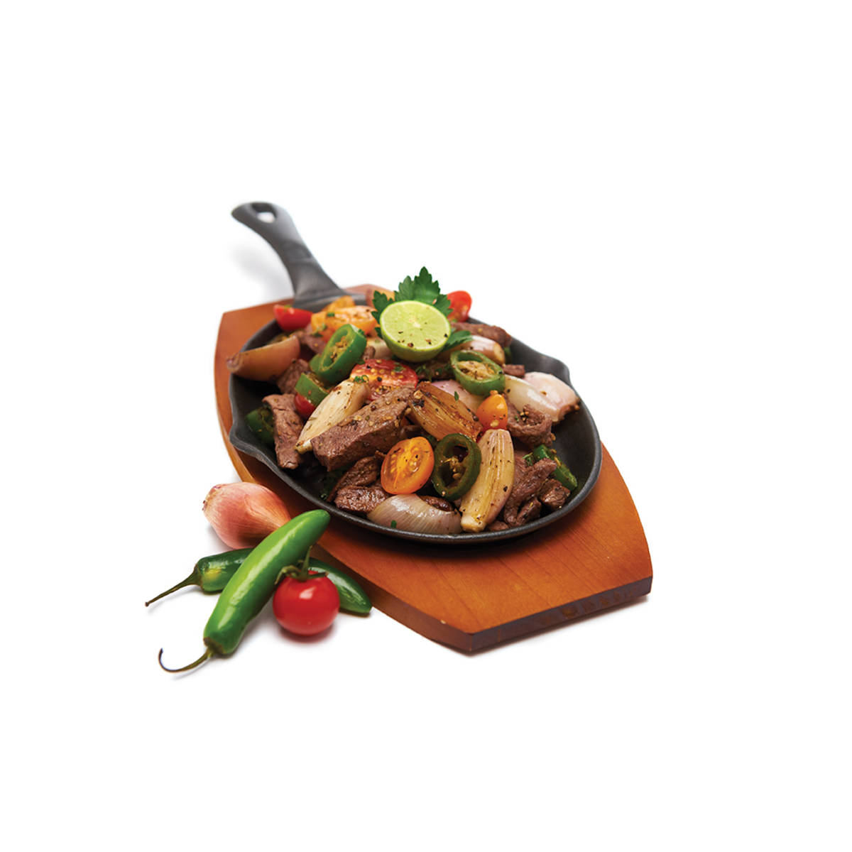 Fajita-panne støpejern 44x20 cm med serveringsbrett Broil King detalj