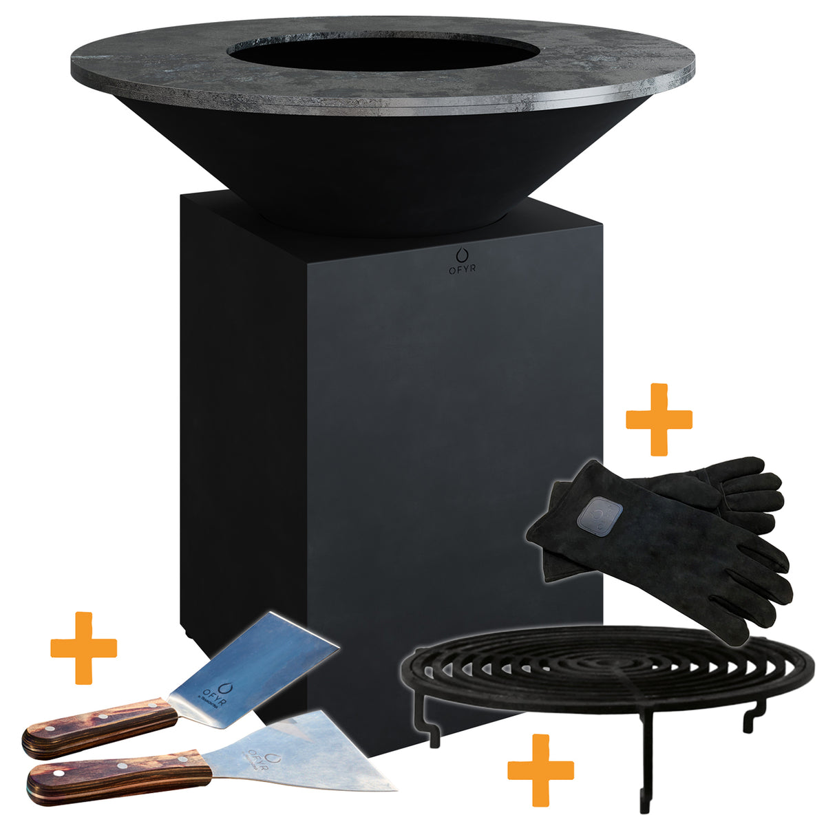 Feuerplatte Classic Black 100 med tilbehørssett forfra