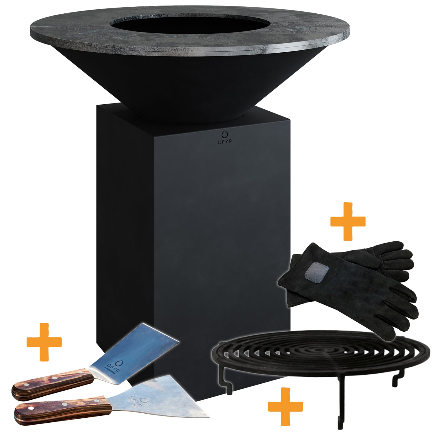 Feuerplatte Classic Black 85 med grillrist og tilbehør forfra