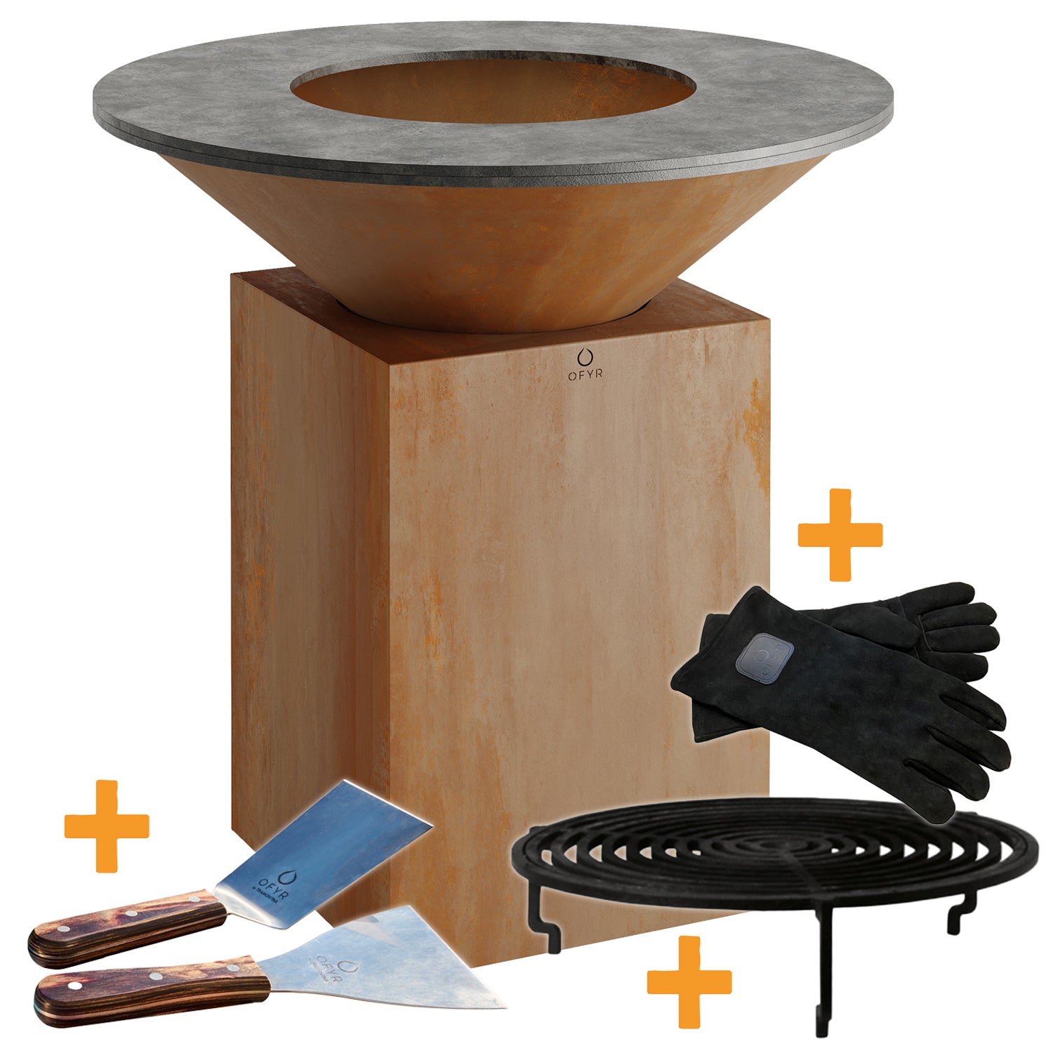 Feuerplatte Classic Corten 100 med grillrist og tilbehør front