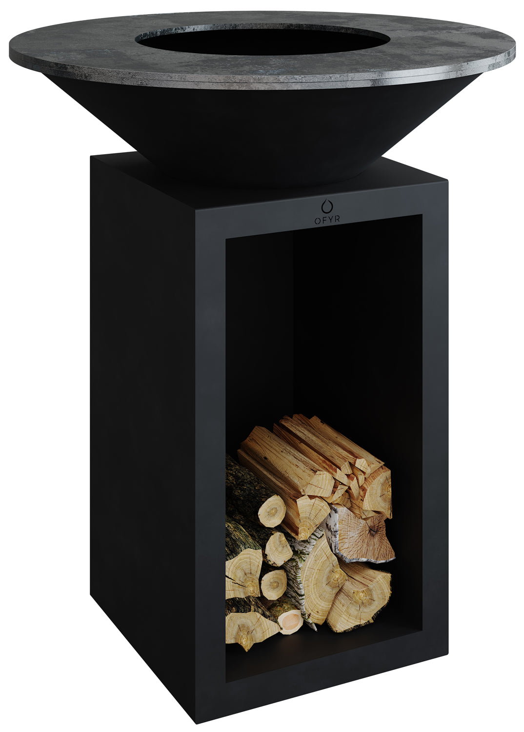 Bakside av Feuerplatte Classic Storage Black 85 med grillrist og tilbehør OFYR