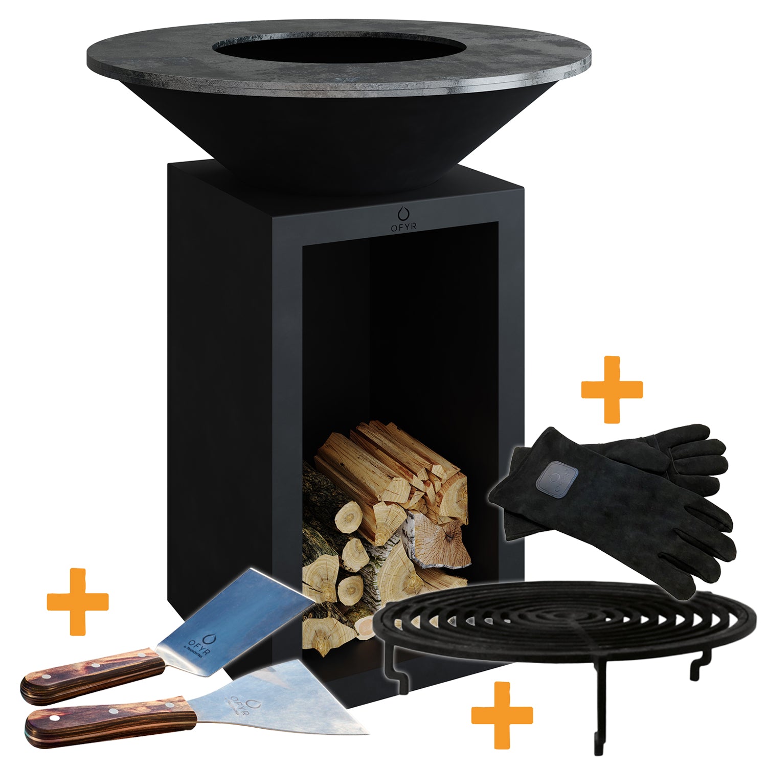 Feuerplatte Classic Storage Black 85 med grillrist og tilbehør forfra