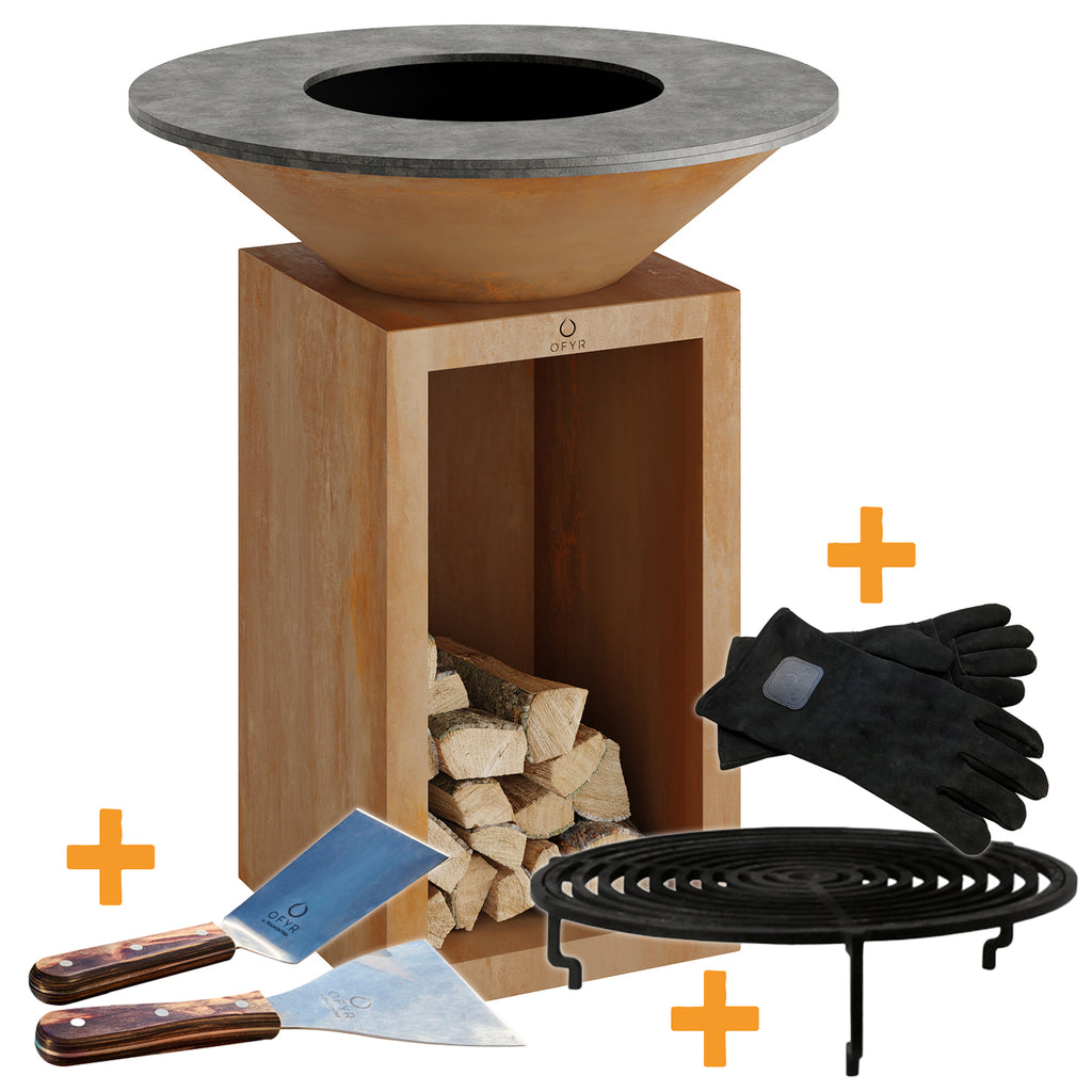 Feuerplatte Classic Storage Corten 85 med tilbehørssett forfra