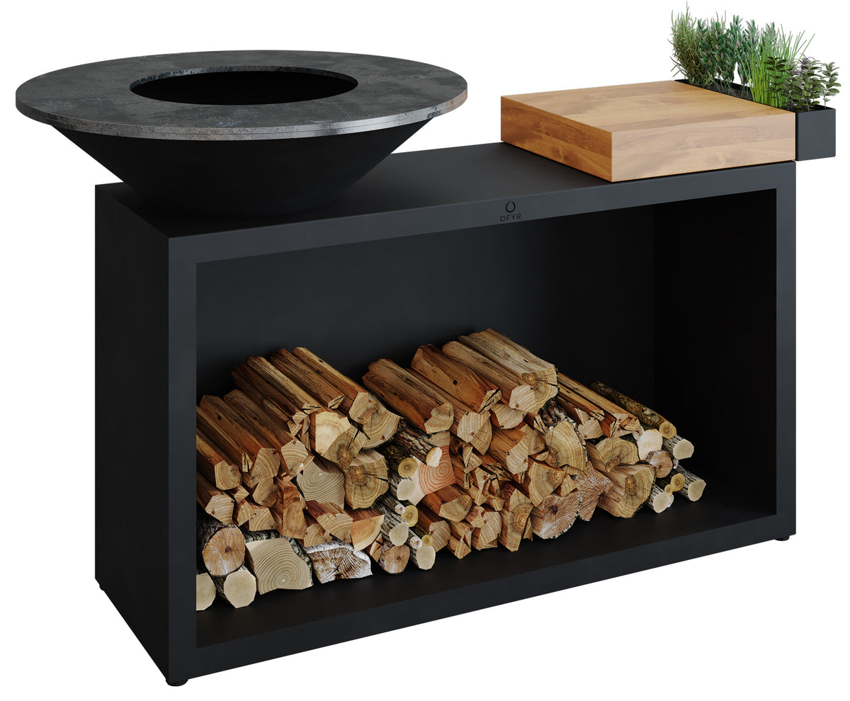 Feuerplatte Island Black 85 med teakbenkeplate forfra
