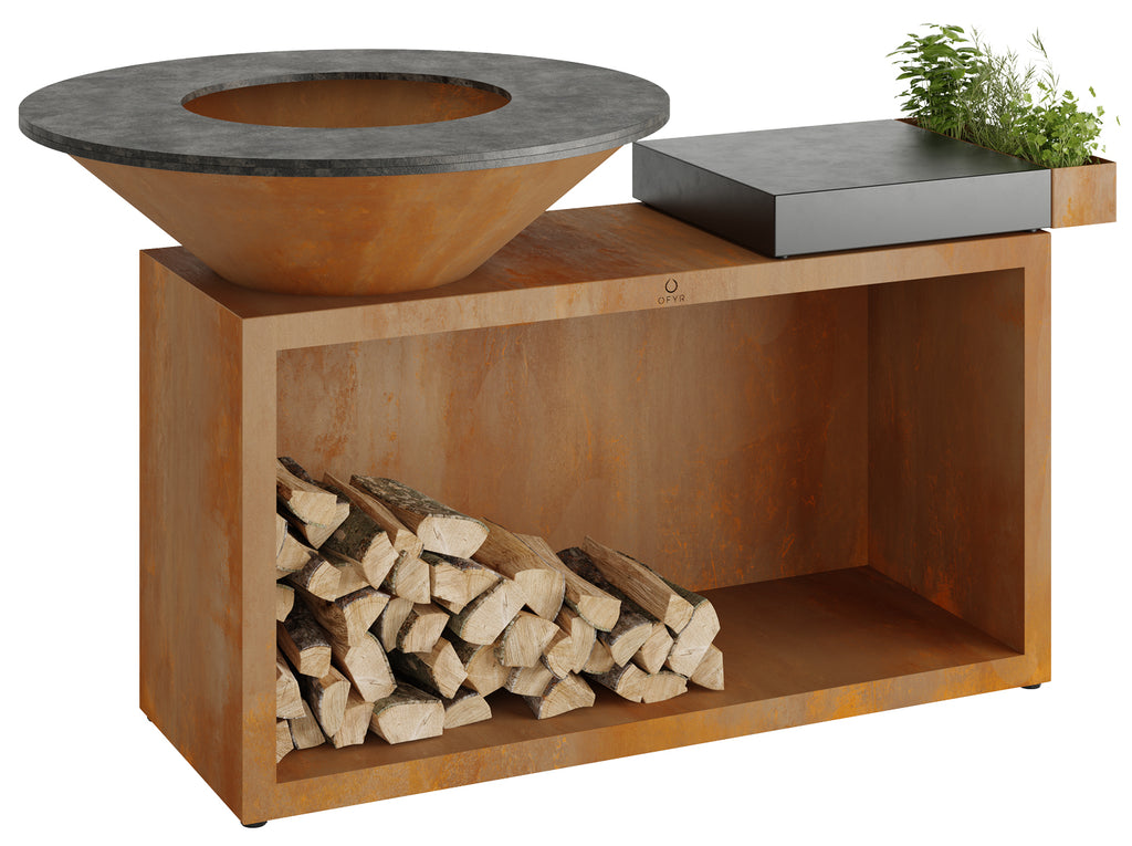 Feuerplatte Island Corten 100 med keramikkbenkeplate forfra